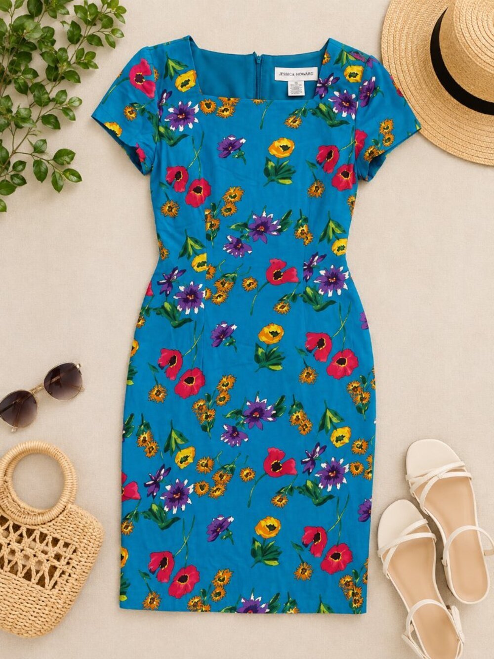 Vintage Jessica Howard Floral Sheath Dress Teal Blue Rayon Square Neck Women's M
